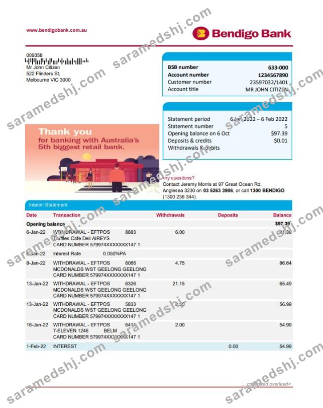 Australia Bendigo bank statement easy to fill template in Excel and PDF format, 2 pages